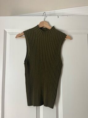Sleeveless Ribbed Mock Neck Top - Olive Green